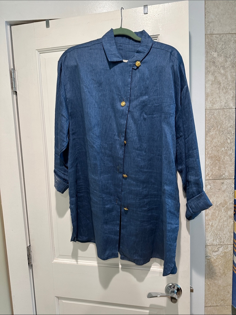 Women’s linen/nylon Blue Button-Up long shirt